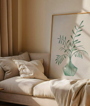 Illustration minimaliste à l’aquarelle de feuilles vertes dans un vase en verre