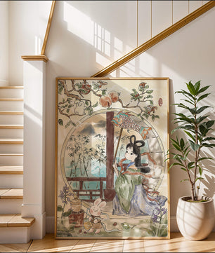 Peaceful Garden Scene with Girl and Rabbit