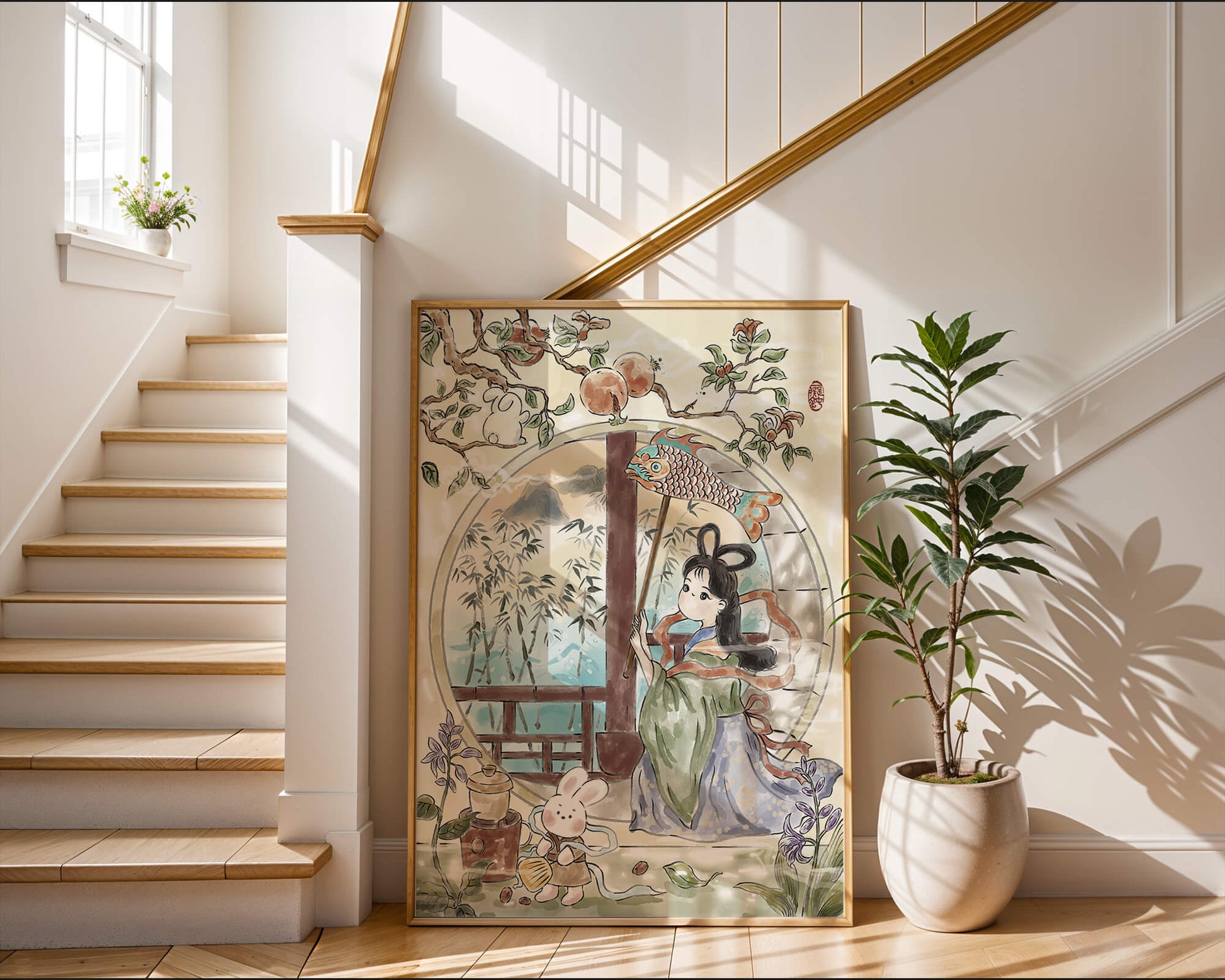 Escena de jardín tranquilo con una niña y un conejo