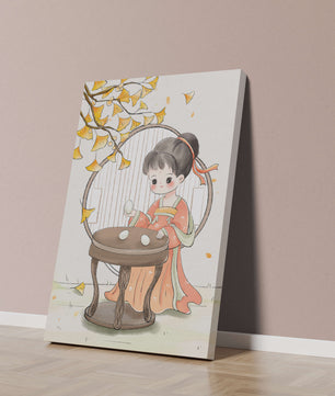 Charmante illustration d'une fille en tenue traditionnelle avec des feuilles de ginkgo