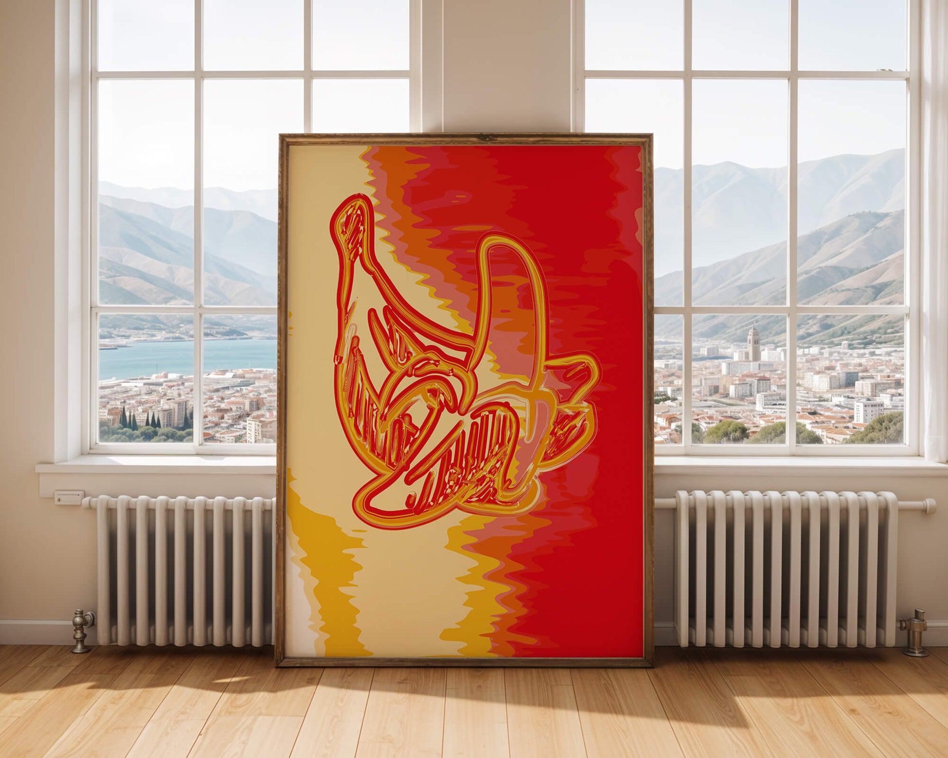 Abstract banana art with vibrant red and orange hues