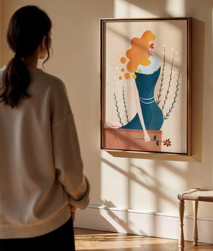 Woman with Floral Decor and Flowing Hair in Minimalist Art - Mi tienda