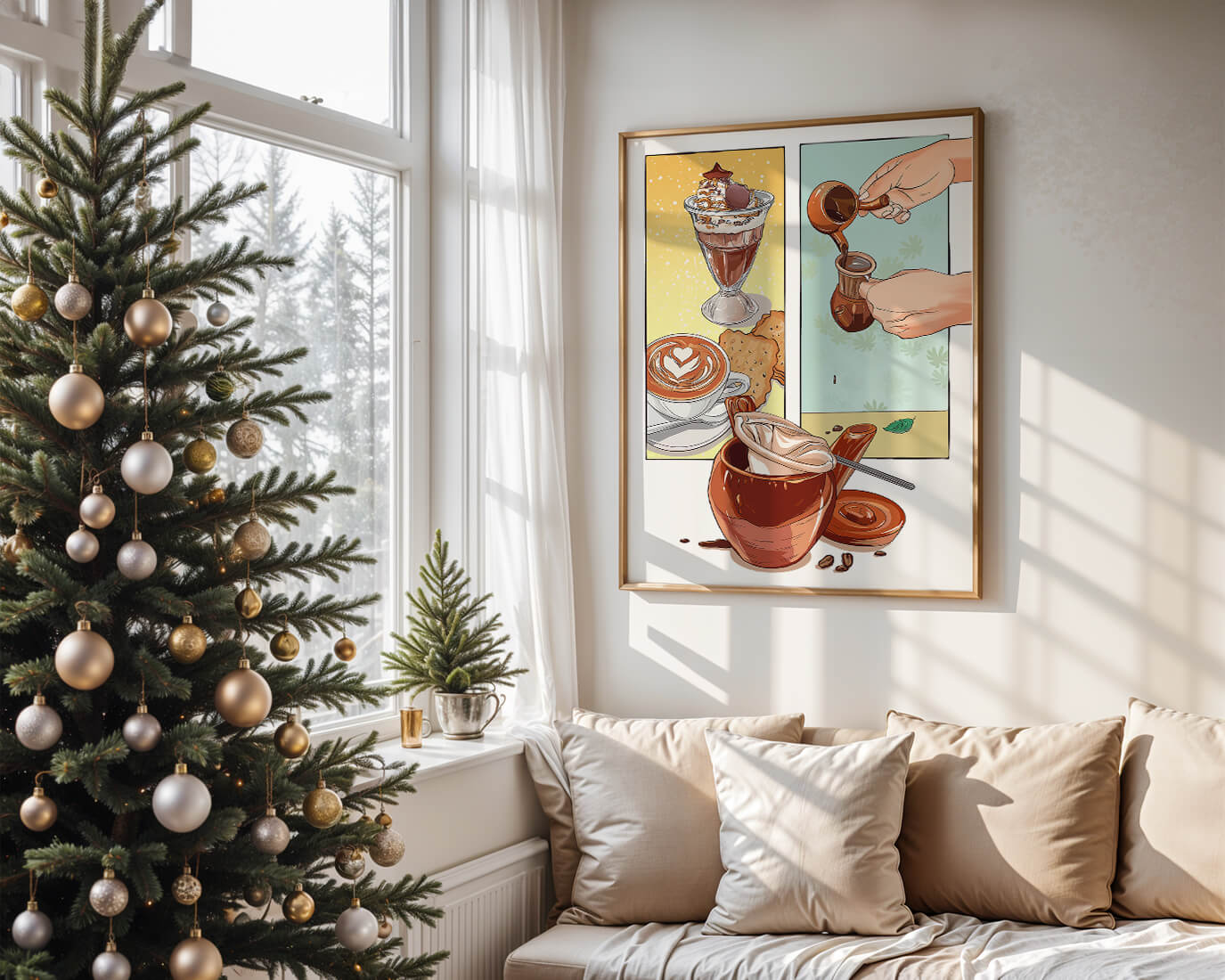 Ilustración artística de café y postre con detalles dorados