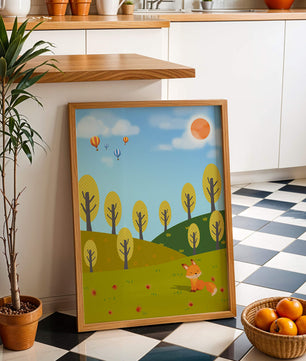 Whimsical landscape with hot air balloons and a fox in autumn scenery
