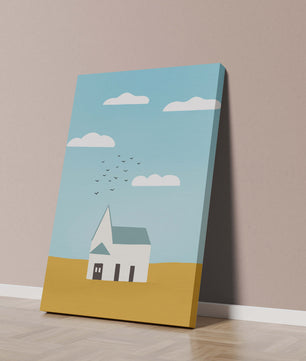 Paisaje minimalista con una casa blanca y cielo