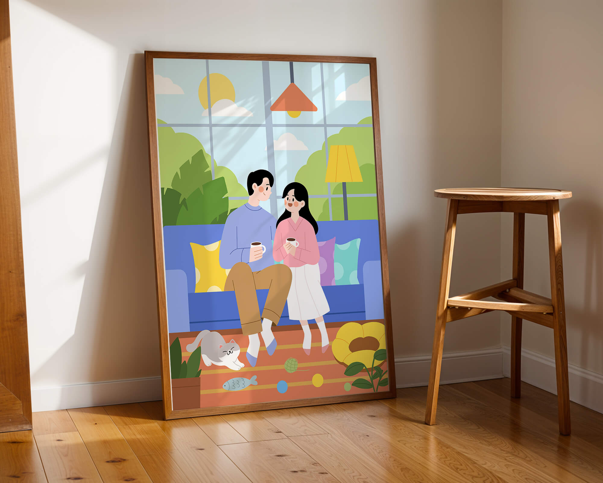 Cozy living room scene with couple and playful cat