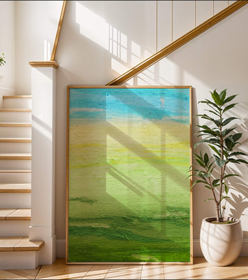 Abstract Landscape with Blue Sky and Green Fields