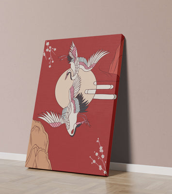 Elegant Asian-inspired artwork featuring flying cranes and cherry blossoms