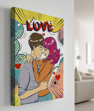 Ilustración de pop art romántico con pareja abrazándose y texto de amor