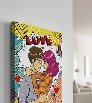 Romantic Pop Art Illustration with Embracing Couple and Love Text