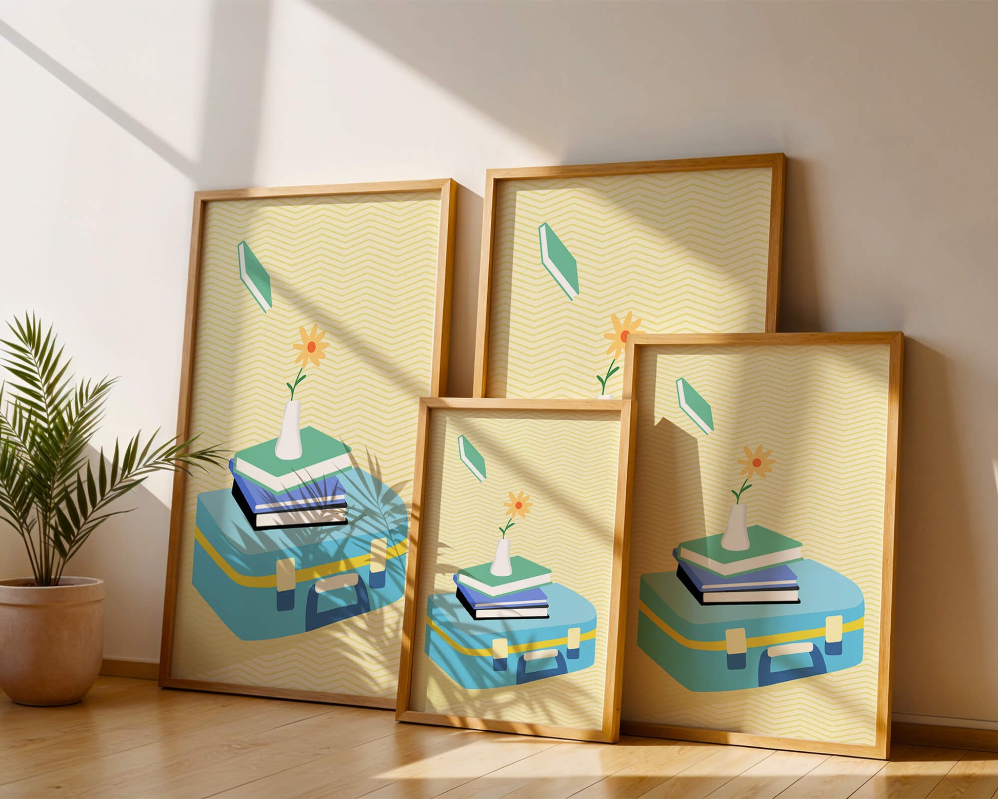 Colorful still life with books, flower vase, and suitcase