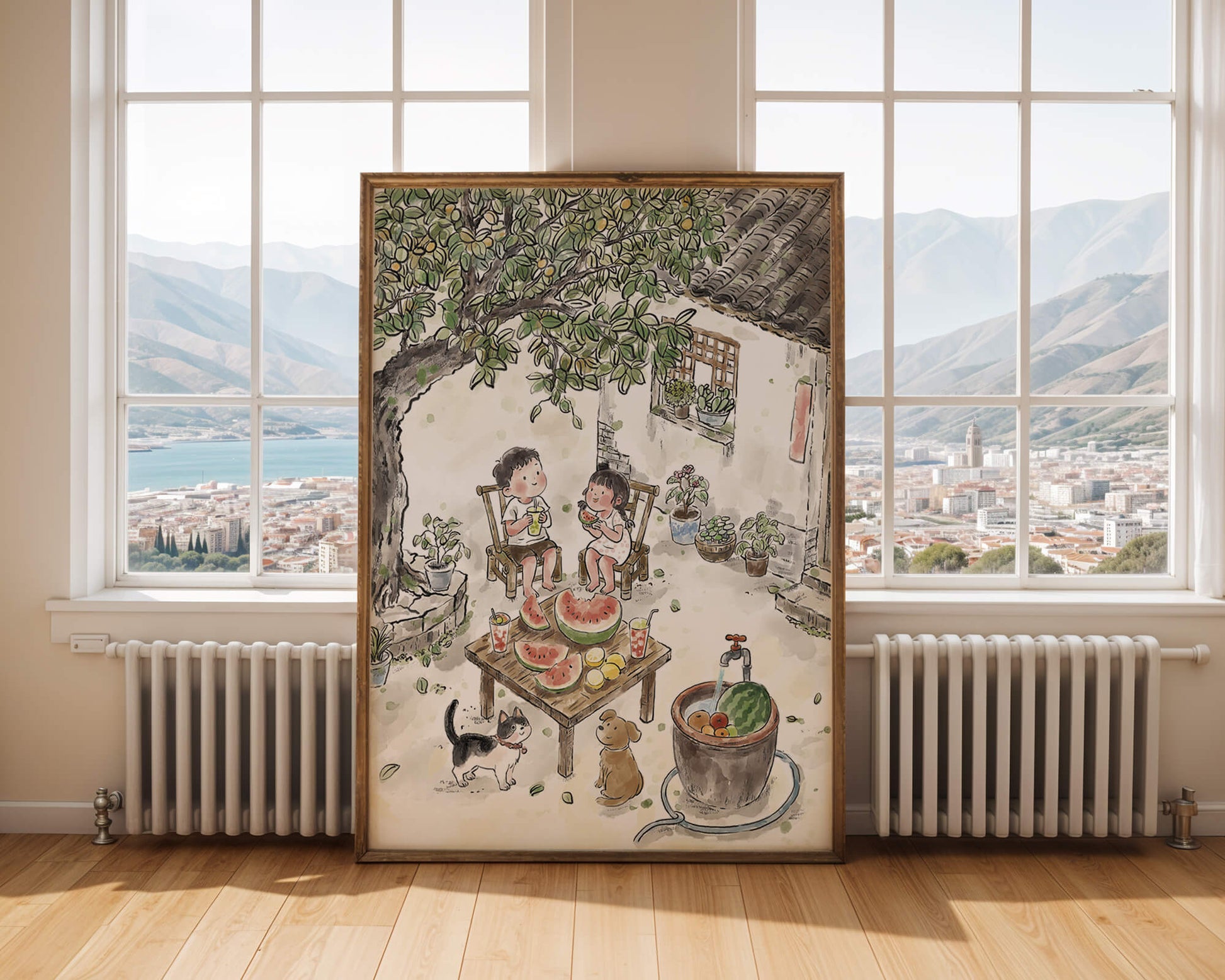 Encuentro acogedor en el patio trasero de verano con sandía y mascotas