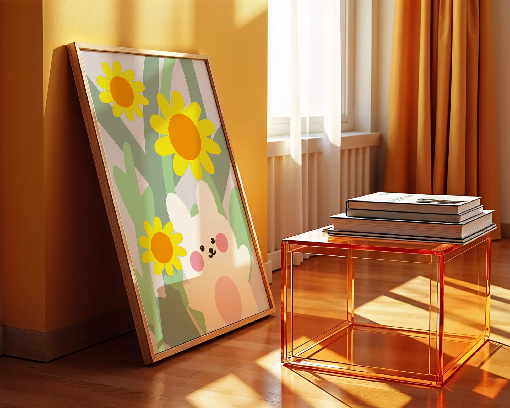 Adorable bunny with vibrant flowers cartoon illustration