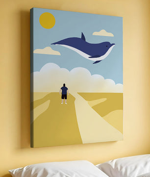 Surreal Landscape with Flying Blue Whale and Human on Desert Path
