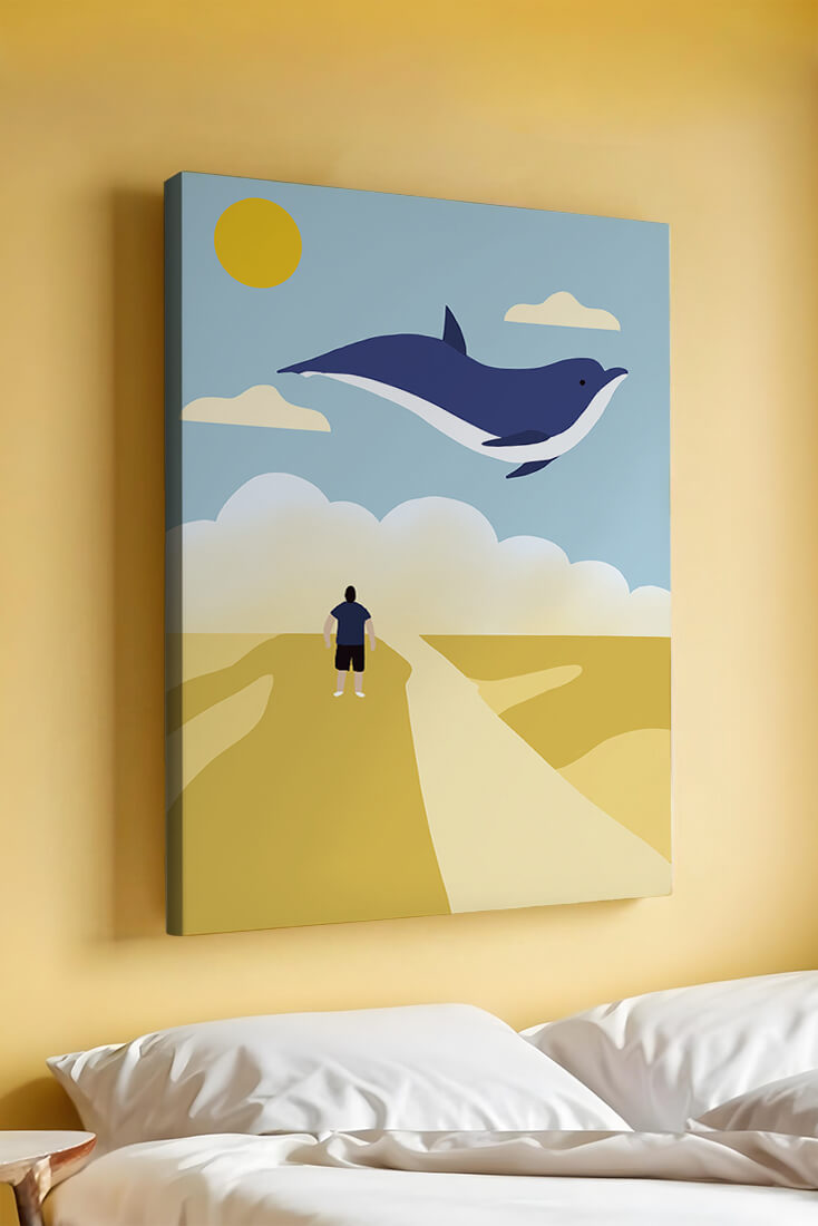 Paisaje surrealista con ballena azul voladora y humano en camino desértico