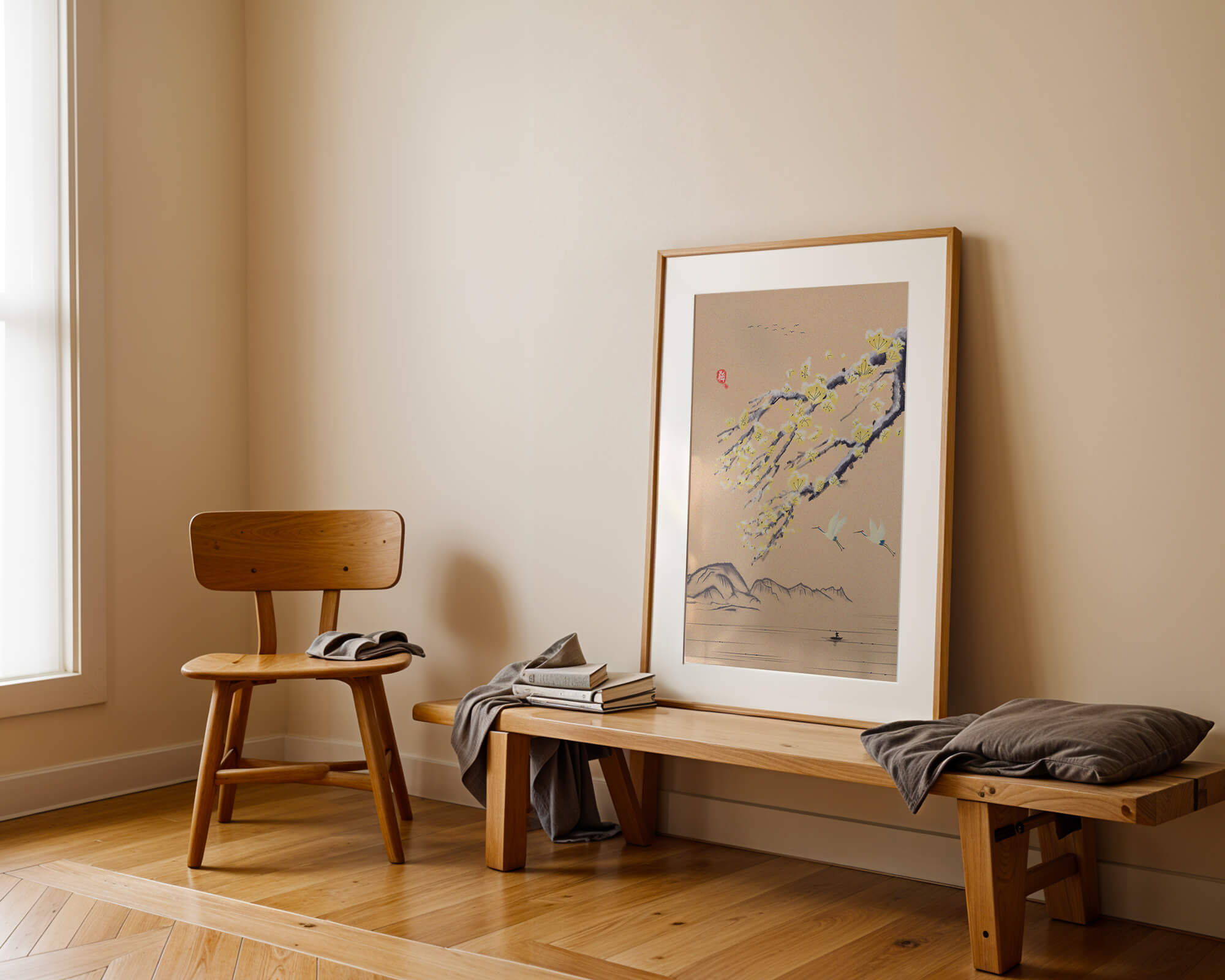 Tranquil landscape with blooming branches and flying cranes