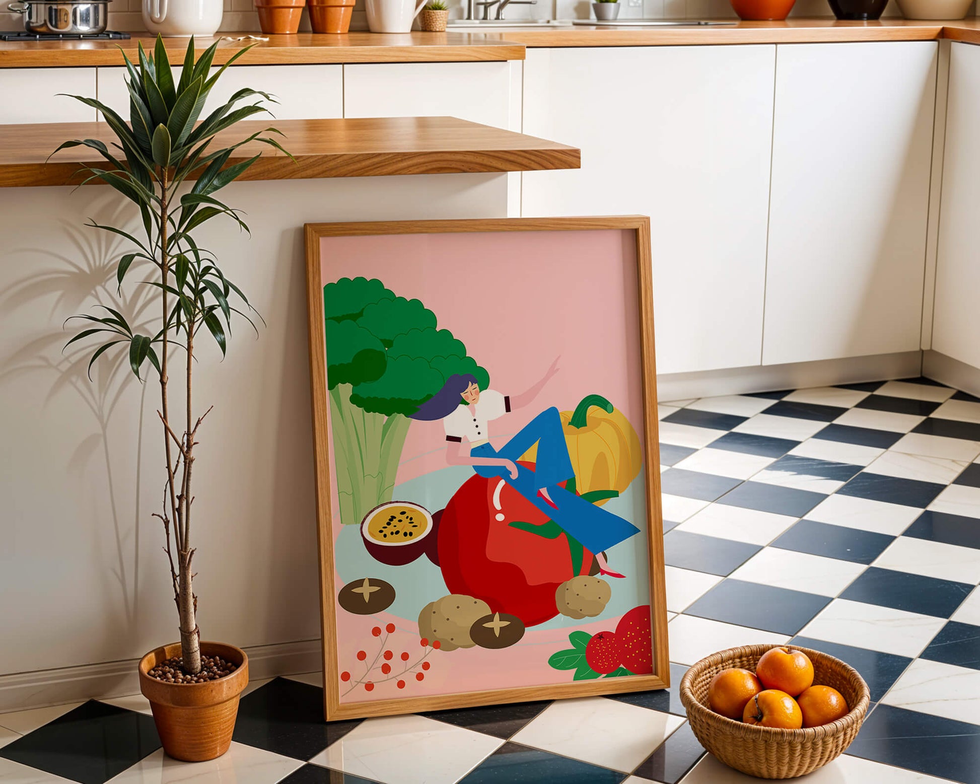 Ilustración de una mujer rodeada de verduras y frutas vibrantes.