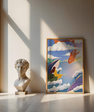 Escena onírica con vida marina y figura flotante en el cielo