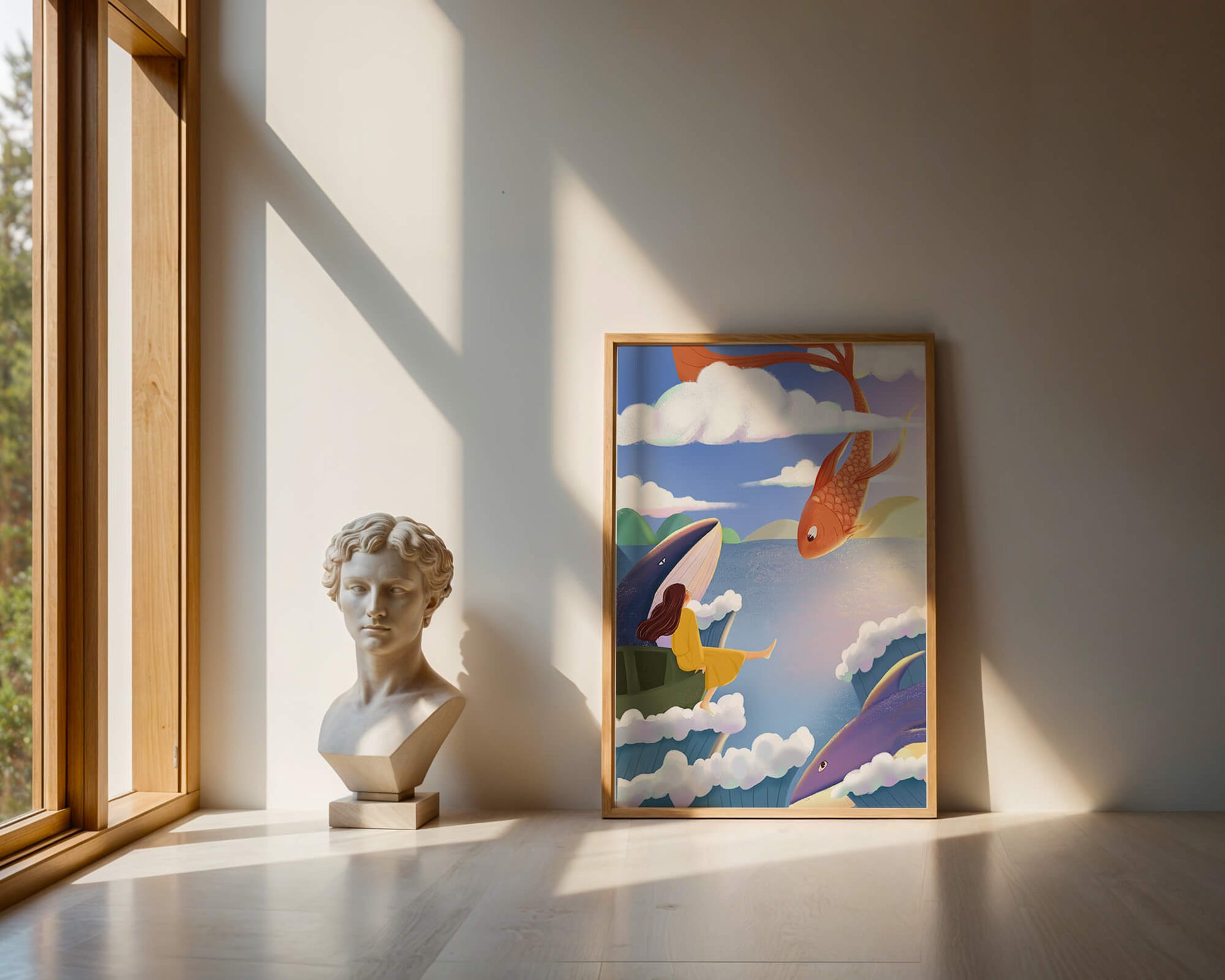 Dreamlike scene with marine life and floating figure in the sky
