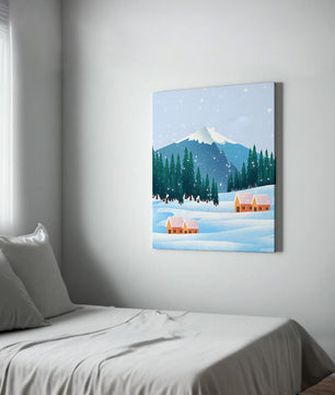 Winter Mountain Landscape with Snowy Cabins and Forest - Mi tienda