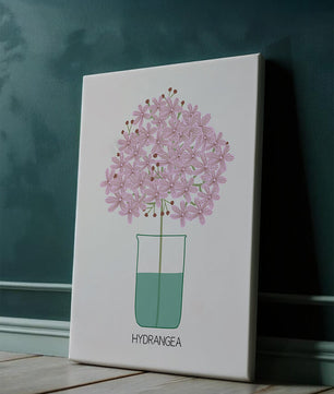Illustration von Hortensienblüten in einer Vase mit eleganter Linienkunst