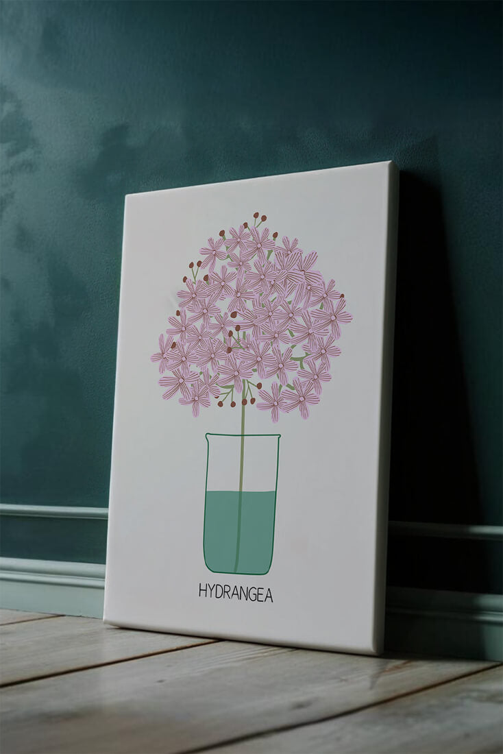 Illustration von Hortensienblüten in einer Vase mit eleganter Linienkunst