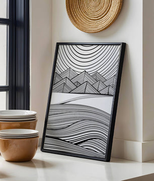 Abstract Black and White Geometric Landscape with Line Art
