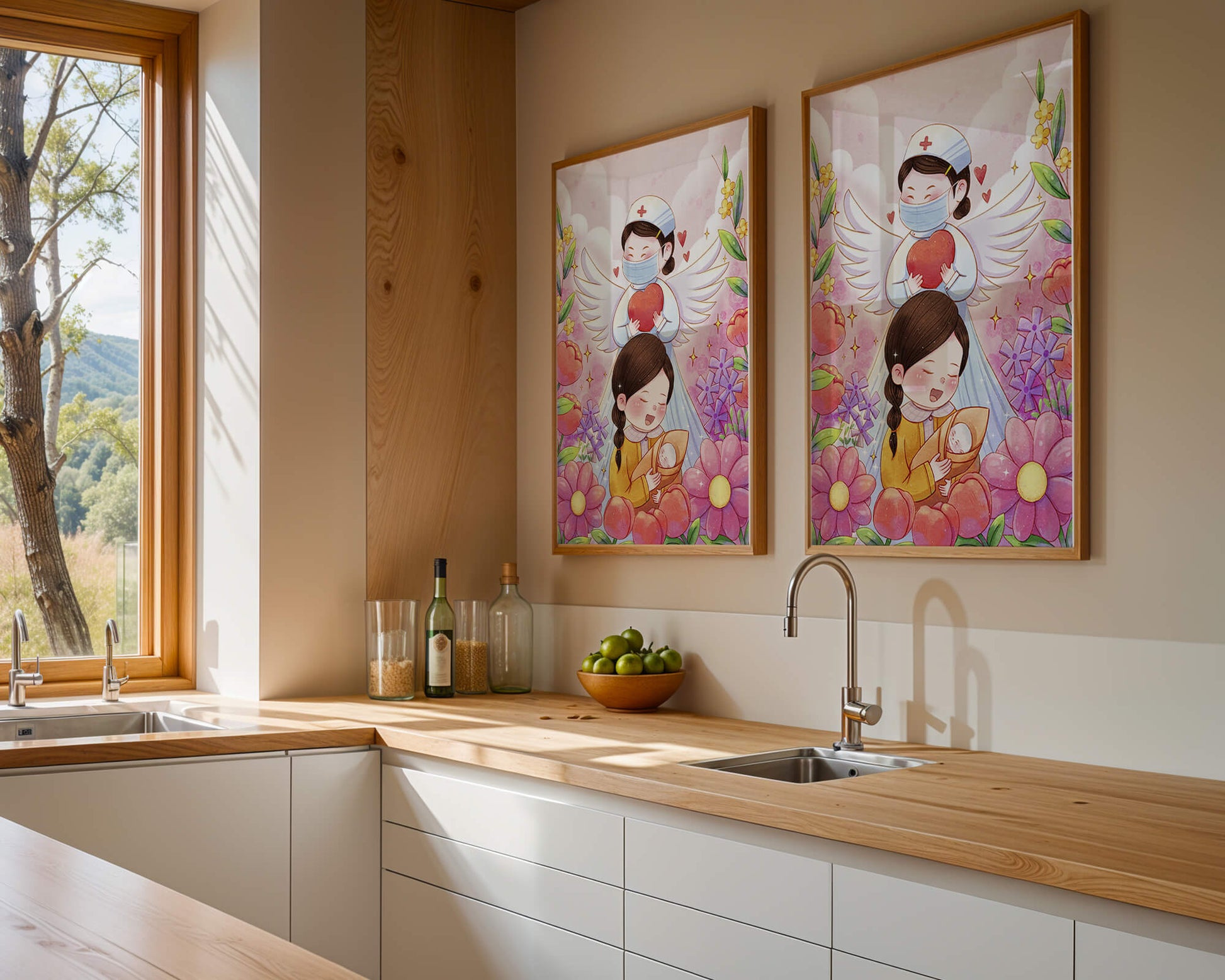Illustrated scene of healthcare angel with child and flowers