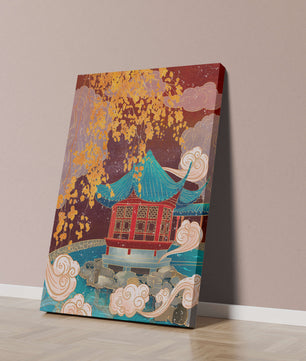 Traditional Chinese Pavilion with Gold Leaves and Clouds