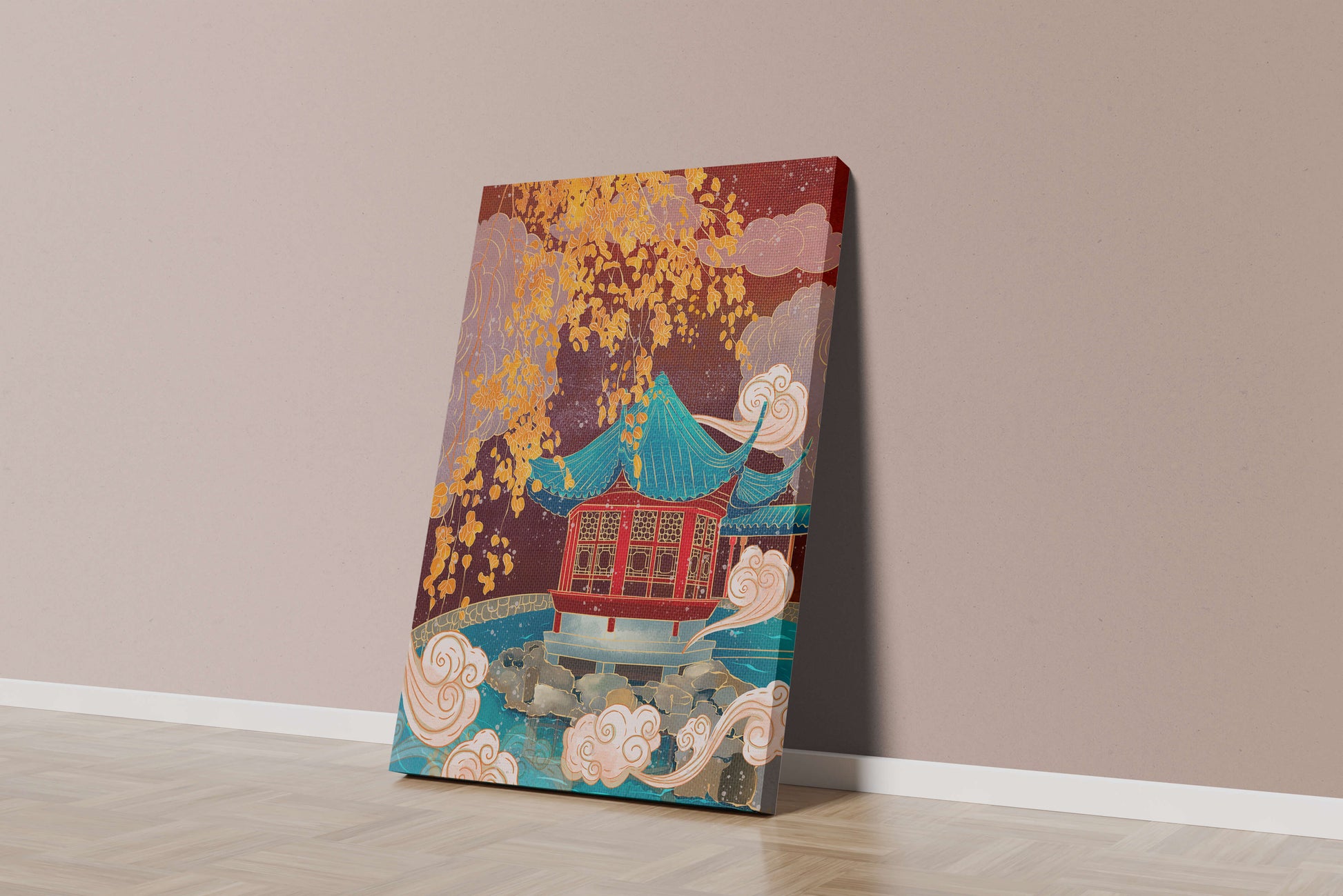 Pabellón chino tradicional con hojas doradas y nubes