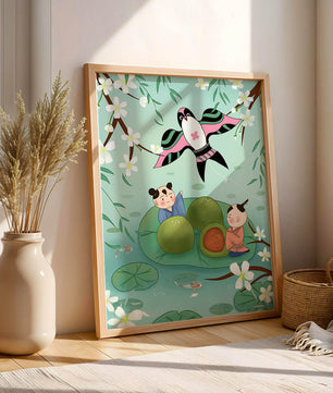 Children Playing on Lotus Leaves with Kite and Cherry Blossoms