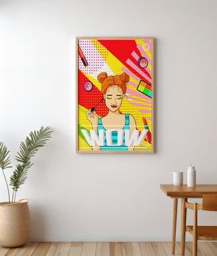 Ilustración de arte pop vibrante con una niña sonriente con maquillaje colorido y patrones audaces
