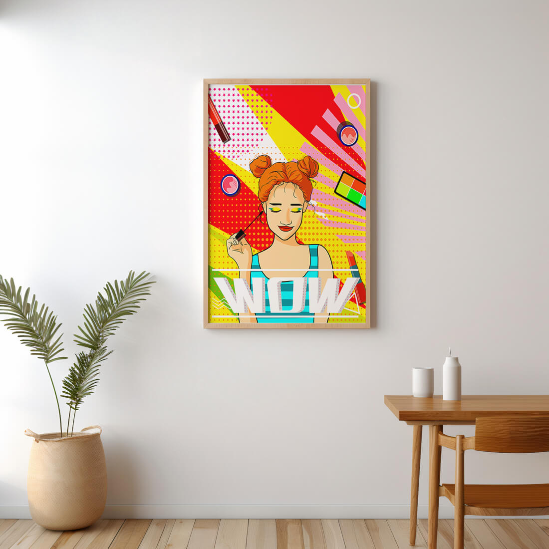 Ilustración de arte pop vibrante con una niña sonriente con maquillaje colorido y patrones audaces
