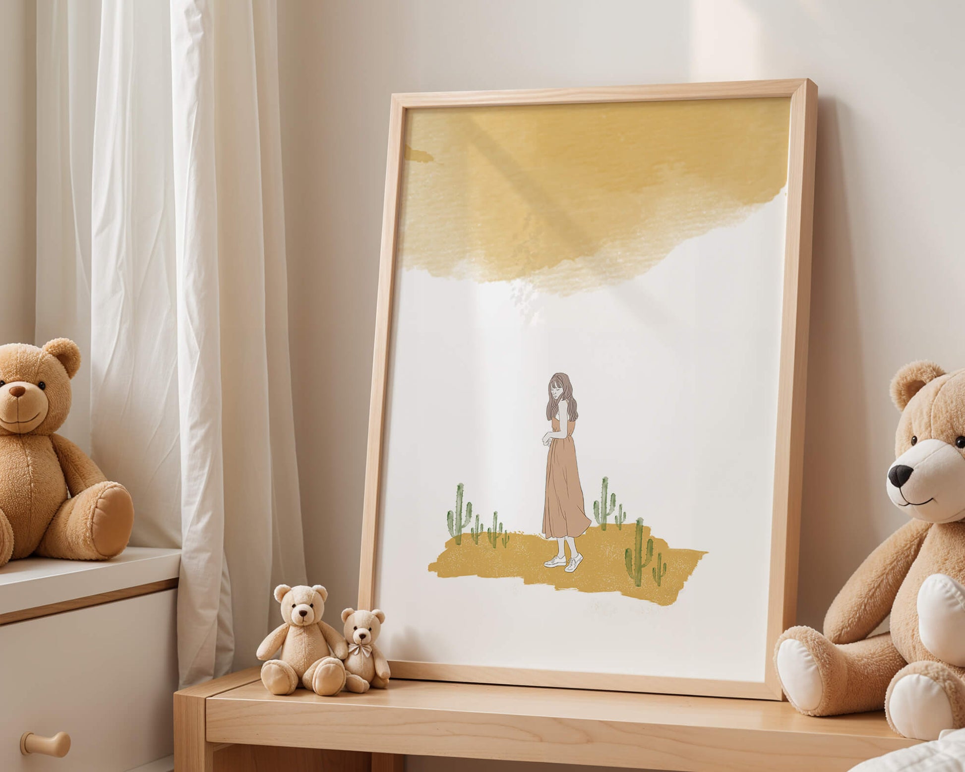 Fille en robe rose debout parmi des cactus sous un ciel aquarelle
