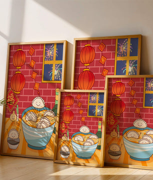 Festive Dumpling Illustration with Lanterns and Fireworks - Mi tienda
