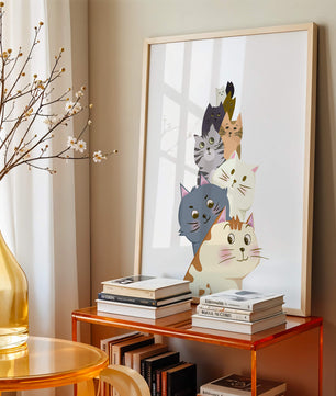 Stack of adorable cartoon cats with diverse patterns and colors