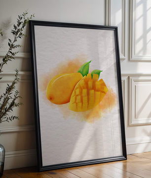 Watercolor depiction of a ripe mango with leaves on textured background