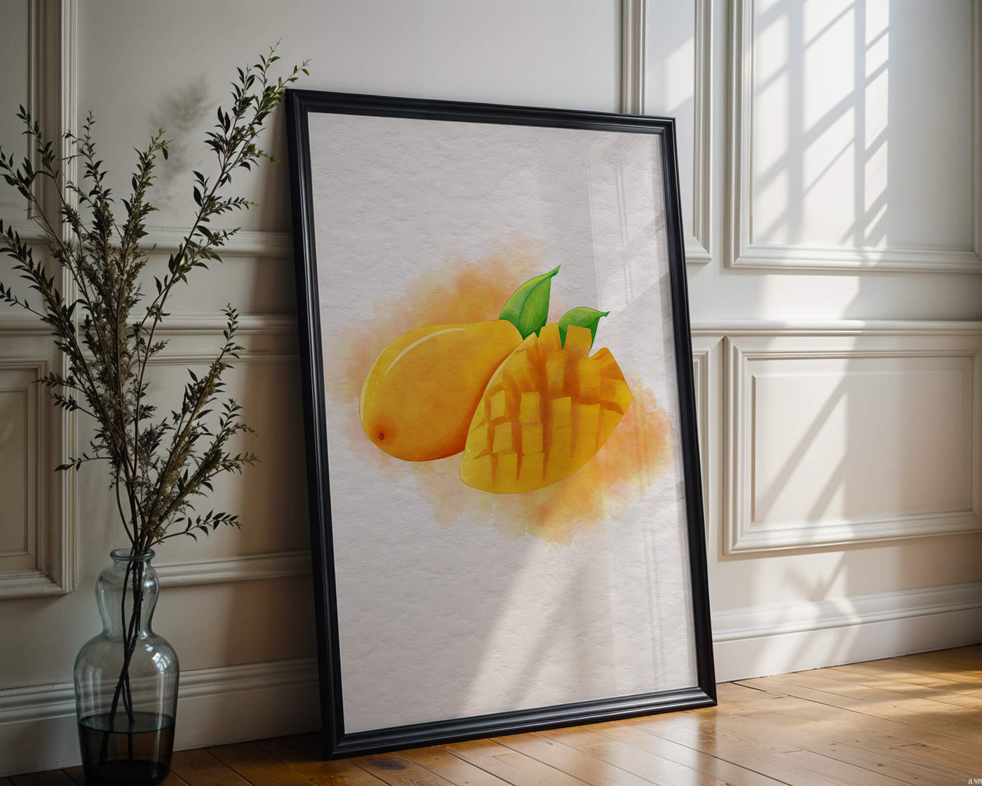 Watercolor depiction of a ripe mango with leaves on textured background