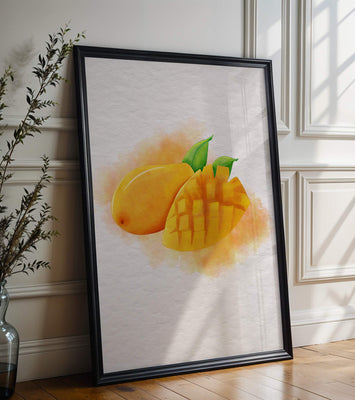 Watercolor depiction of a ripe mango with leaves on textured background