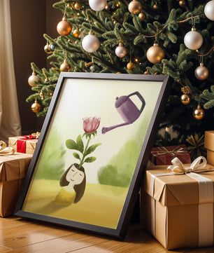 Ilustración de una chica con una flor creciendo de su cabeza siendo regada