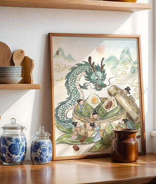 Dragon and Steamed Dumplings with Children in a Mountainous Landscape