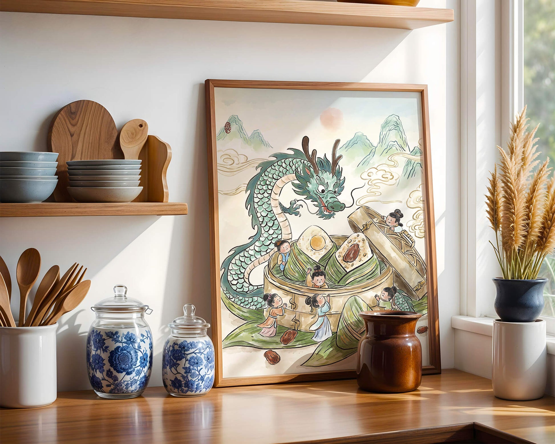 Dragón y dumplings al vapor con niños en un paisaje montañoso