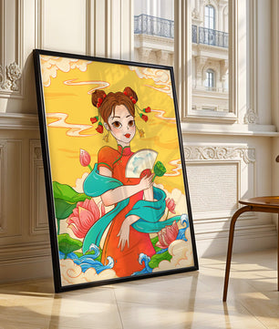 Ilustración oriental que presenta a una chica con atuendo tradicional, un abanico y flores de loto