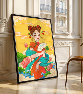 Oriental illustration featuring a girl in traditional attire with a fan and lotus flowers