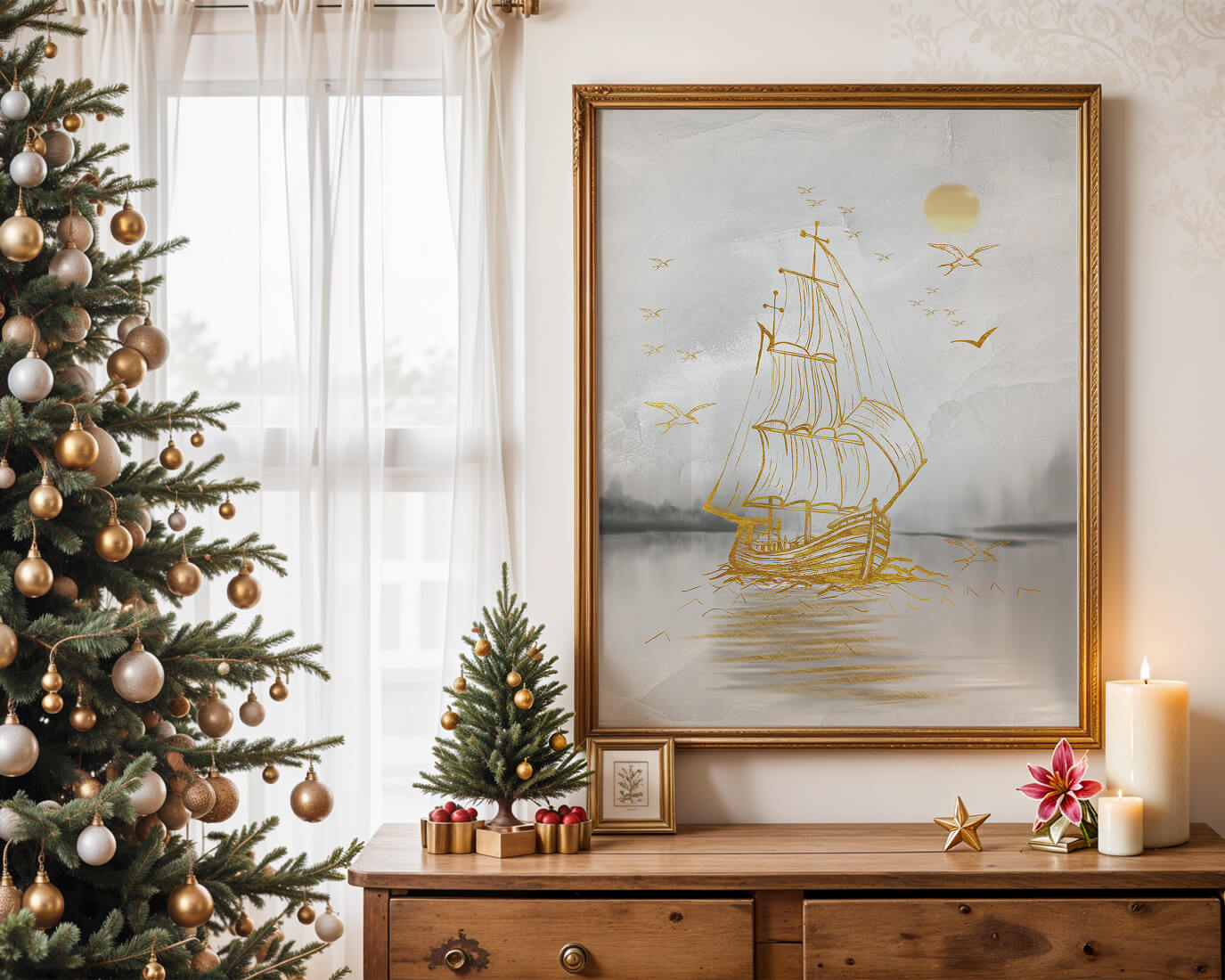 Serene nautical scene with golden sailboat at sea