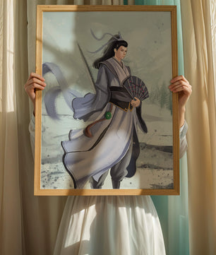 Guerrier élégant en tenue traditionnelle avec robes flottantes et éventail