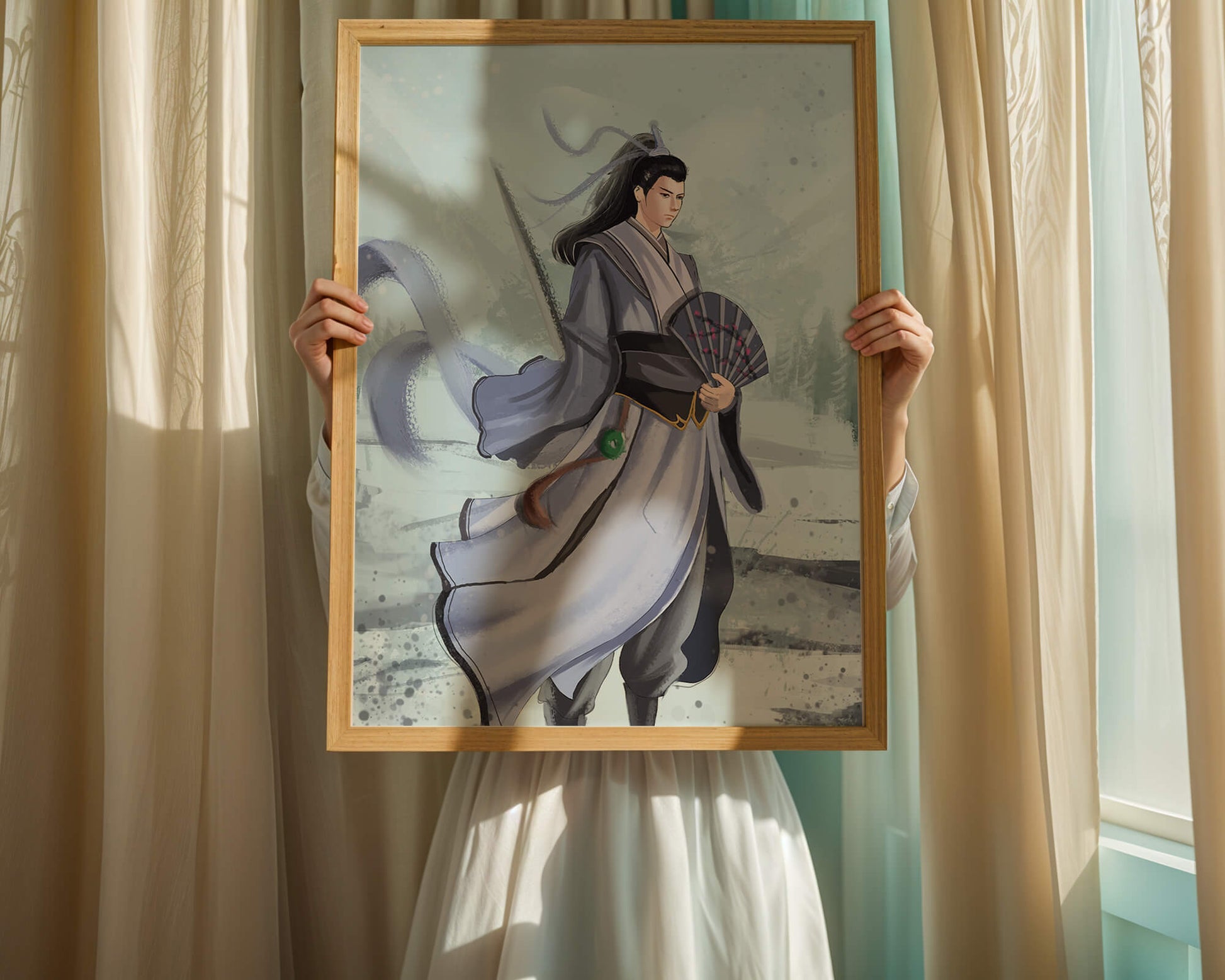 Elegant warrior in traditional attire with flowing robes and fan