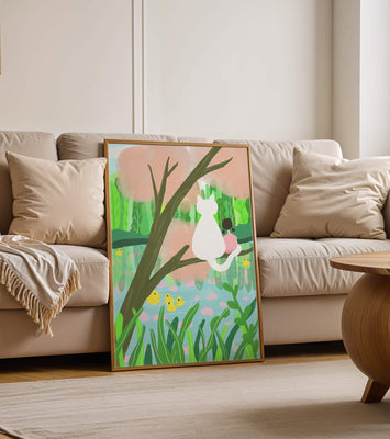 Charming Pastel Illustration of Girl and Cat by a Tranquil Pond