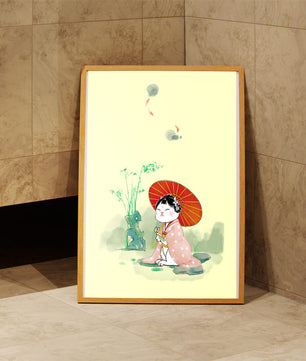 Cat in Traditional Japanese Dress with Umbrella in Zen Garden - Mi tienda