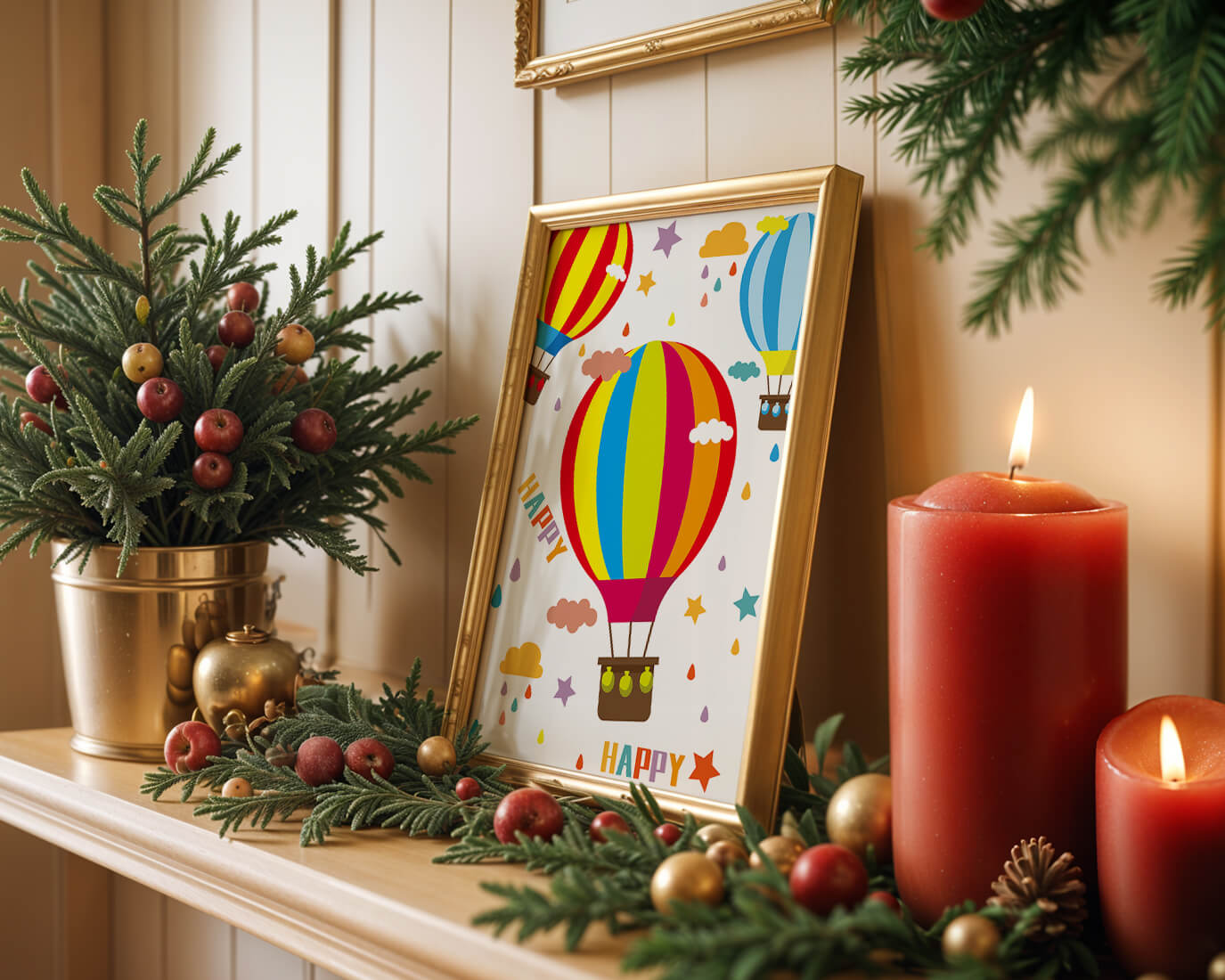 Colorful hot air balloons and happy clouds illustration